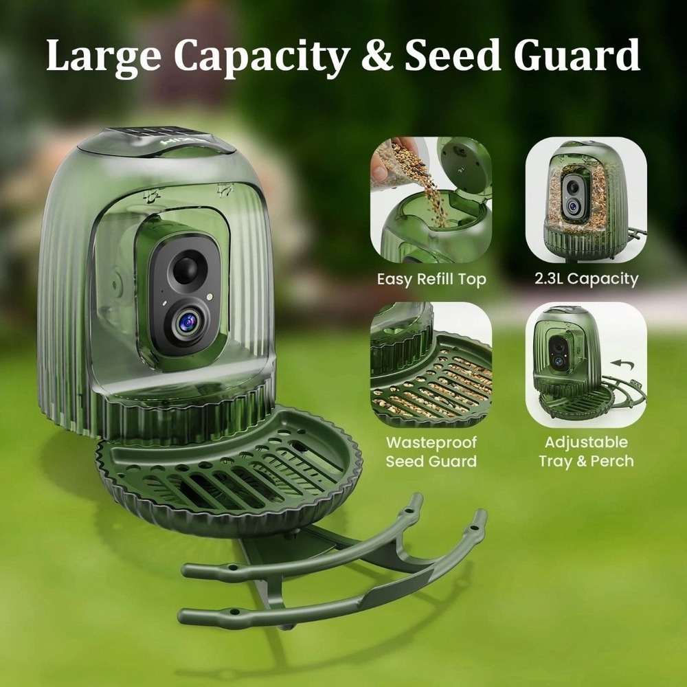 Smart Bird Feeder With 4MP Camera AI Auto Capture Video Green - Picture 3 of 14
